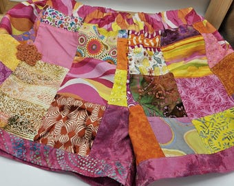 Patchwork Shorts Handmade from Vintage Fabrics, Has Crochet Flower & 2 Side Pockets, Womens M, Waist 30-31", Pink Orange Yellow, Made in PA