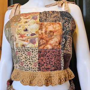 Patchwork Crop Top with Crochet Trim Handmade with Vintage Cotton Fabrics & Yarn, Womens Size M, Bust Adjusts 36-38", Ties at Back/Shoulders