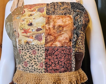 Patchwork Crop Top with Crochet Trim Handmade with Vintage Cotton Fabrics & Yarn, Womens Size M, Bust Adjusts 36-38", Ties at Back/Shoulders