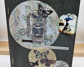 Decoupage Storage Box Goth Cat and Butterflies Handmade from Wooden Book and Vintage  Ephemera, 10" Long X 7.25" Wide X 2" Deep