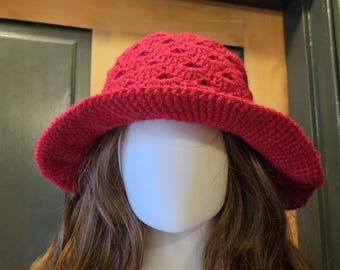 Crochet Bucket Hat Handmade from Red Acrylic Yarn Has Breathable Design and Brim Can Be Down for Shade or Turned Up, Size M