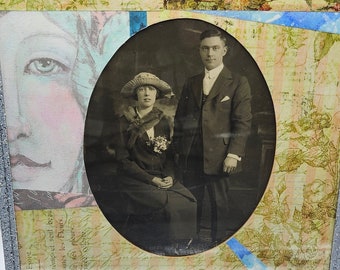 My Heart Is Ever At Your Service Vintage Couple Photo Decoupage, Shakespeare Quote, Handmade Romantically Styled Wall or Table Art, Roses