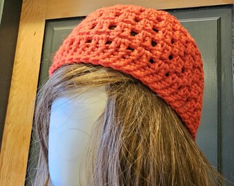 Handmade Beanie Crochet in Red Acrylic Yarn, Airy, Retro Design