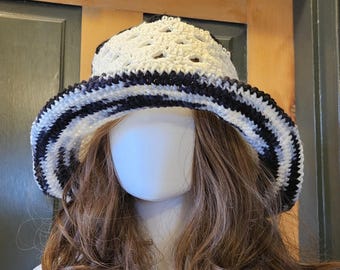 Crochet Bucket Hat Handmade from Black, White and Variegated Yarn, Size M