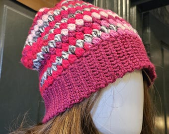Handmade Slouch Beanie Crochet from Vintage Yarn, Size M, 70's-Style Stitch, Hippie Hat, Shades of Wine, Pink, Grey and Cream, Made in PA