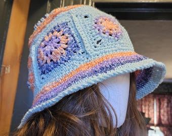 Granny Squares Bucket Hat Crochet from Blue, Orange and Purple Recycled Cotton Yarn, Size M