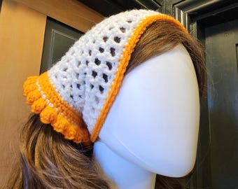 Crochet Bandana Handmade from Acrylic Yarn Has White Yarn with Retro Orange Trim, Handmade in PA, Ready to Ship!