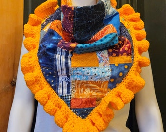 Patchwork Scarf Bandana  with Ruffle Edge, Handmade from Vintage Fabric and Yarn, Colorful Neckerchief, Orange and Blue, Buttons in Back
