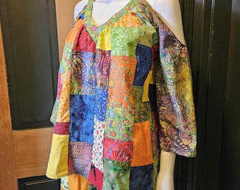 Patchwork Cold Shoulder Top Handmade from Vintage Batiks & Printed Cottons, Size M, Bust to 36", Loose, Flowy Rainbow Colors, Soft, Comfy