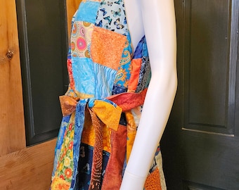 Patchwork Romper Handmade from Vintage Batiks & Cotton Prints, Halter Style, Womens M, Bust to 36", Orange and Blue, Soft and Lightweight