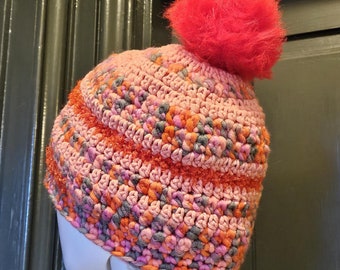 Handmade Beanie with Pom Pom, Crochet from Very Soft Yarn, Pink, Orange, Green & Purple, Size M Fits Most Adults, Some Sparkles in Yarn