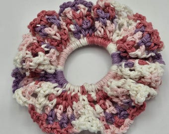 Handmade Crochet Scrunchie, Lacy Cotton Yarn, Pink Purple White Blend, Hair Accessory