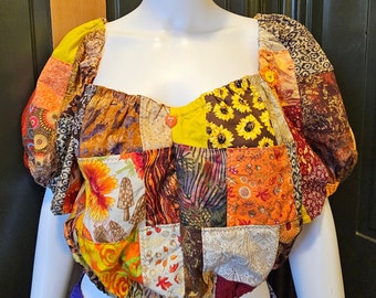 Patchwork Crop Top Handmade in 1970's Style with Sweetheart Neckline, Mushrooms Patch, Womens Size 16 Up to Bust 38", Batik & Cottons