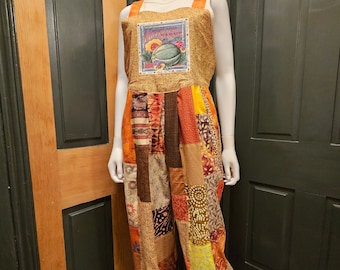 Patchwork Bib Overalls Handmade from Vintage Batiks and Cotton Prints, So Cute Ties in Back, Misses Size 14, Bust to 36", Waist 28-29"