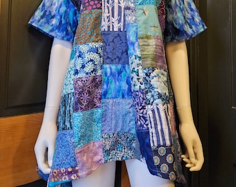 Patchwork Tunic Handmade from Vintage Material, Womens M, Batiks and Printed Cotton, Blue and Purple, Asymmetrical Hem, Square Neck