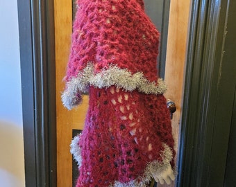 Handmade Shawl, Crocheted from Soft, Luxurious Mohair Blend, Has Fringy Edges, Can Be Worn Multiple Ways, Approx. 74" Wide X 30" Long