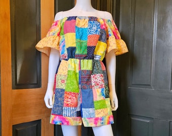 Patchwork Romper, Off the Shoulder Style, Handmade from Vintage Cotton Fabrics, Womens Size M, Bust 34-36, Ruffle Sleeves, Elastic Waist