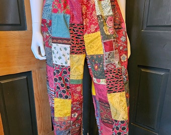 Patchwork Pants Handmade from Vintage Fabric, Womens M, Waist 30-31", Fun and Unique, Soft & Comfy, Vintage Batiks and Cotton Prints