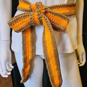 Crochet Belt Sash Handmade from Vintage Acrylic Yarn, Orange and Brown, 78&quot; Long X 2&quot; Wide