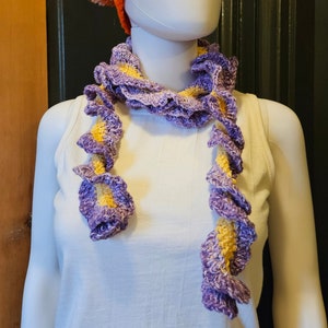 Crochet Scarf with Ruffles, Handmade from 100% Cotton Recycled Yarn, Variegated Purple with Yellow, 72&quot; X 2.25&quot;, Doubles as Belt or Sash!