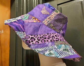 Patchwork Bucket Hat Handmade from Purple Vintage Fabrics, Size M, Soft Cotton, Lace Butterfly on Crown, Purple Seersucker Lining