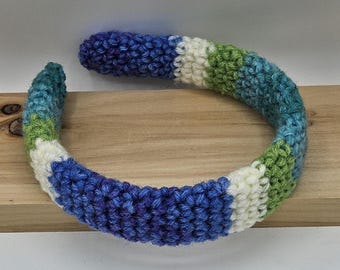 Handmade Crochet Headband in Blue, Purple, Green & White Acrylic Yarn, One Size Fits Women and Girls, Pretty and Practical, Made in PA