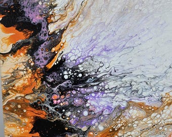 Acrylic Flow Art Original Painting on Stretched Canvas, Created in Pennsylvania, 9" X 12" in Orange, Black, Purple/Raspberry and White, OOAK