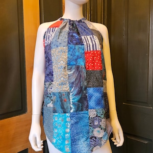 Patchwork Halter Top Handmade from Vintage Material, Womens Size M, Bust 34-36, Blue and Red, Soft Cotton, Loose and Airy, Upcycled Clothing