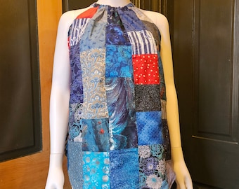 Patchwork Halter Top Handmade from Vintage Material, Womens Size M, Bust 34-36, Blue and Red, Soft Cotton, Loose and Airy, Upcycled Clothing