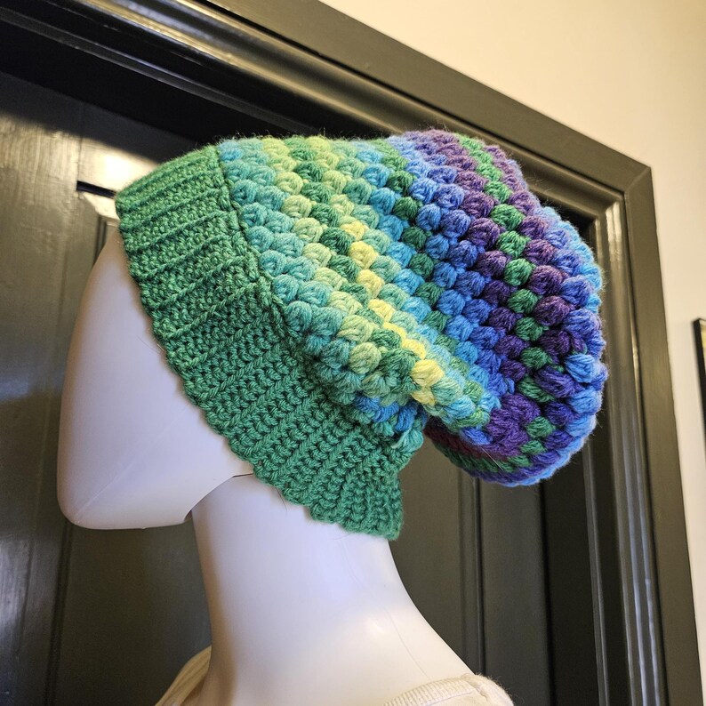Handmade Slouch Beanie, Crochet From Acrylic Yarn in Puffy 70's Stitch