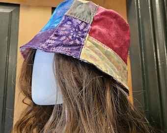Patchwork Bucket Hat, Brimless and Reversible, Our Own Design, Handmade from Vintage Cotton Fabrics, Size M, Fun Colors Purple, Pink, Orange