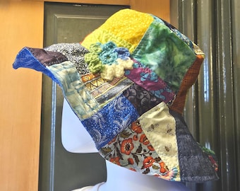 Patchwork Bucket Hat Handmade from Vintage Batiks & Cotton Prints, Crochet Flower, Soft Cotton Lining, Size M, Multicolor, Soft and Comfy