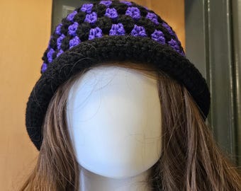 Handmade Beanie, Crochet from Acrylic Black and Purple Yarn, Size L, Hippie Hat, Unisex Beanie, Brim Rolls Up If You Like