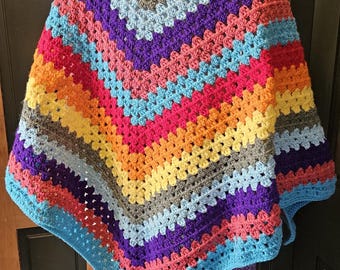 Handmade Shawl, Crocheted in Rainbow Colors from Acrylic Yarn, Bright and Fun!