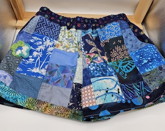 Patchwork Shorts Handmade from Vintage Fabrics, Has Crochet Flower and 2 Side Pockets, Womens M, Waist 30-31", Blue, Made in PA