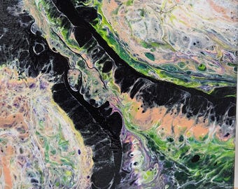 Acrylic Flow Art Original Painting on Stretched Canvas, Created in Pennsylvania, 10" X 10" in Peach, Green, Purple, Black and White, OOAK