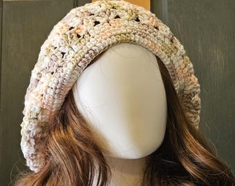 Crochet Retro Slouchy Hat in Lightweight Cotton Yarn, Pretty Shell Stitch, Handmade, Size M, Relaxed and Comfy, Made in Pennsylvania