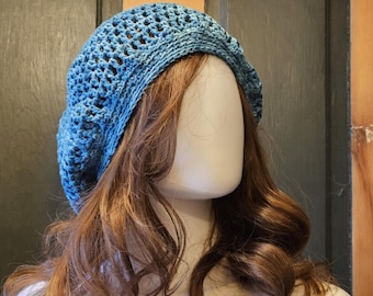 Crochet Retro Slouchy Hat in Lightweight Cotton Yarn, Airy Mesh Stitch, Handmade, Size M, Relaxed and Comfy, Made in Pennsylvania