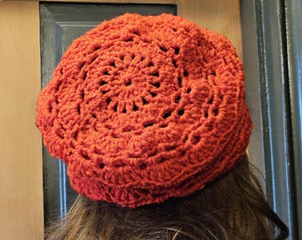 Handmade Slouch Beanie, Crochet in Red Acrylic Yarn, Airy  Retro Design