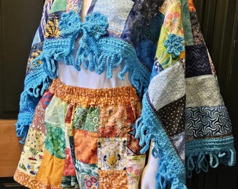 Patchwork Capelet Handmade from Vintage Cotton Batiks and Prints, Hand-Crocheted Twisty Fringe, Blue & Other Colors, Hand Crocheted closing