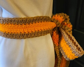 Crochet Belt Sash Handmade From Vintage Acrylic Yarn, Orange  display picture 3