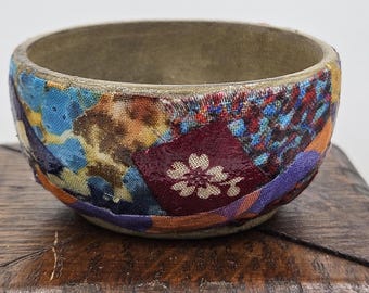 Scrappy Decoupage Trinket Jar Handmade from Round Wooden Bowl and Fabric Scraps, 2.5" Wide X 2.5" Tall