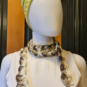 Crochet Scarf Handmade from Cotton Yarn, Variegated Brown, Beige and White, Length 61&quot; X 1.25&quot; Wide, Lightweight, Doubles as Belt or Sash!