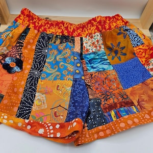 Patchwork Shorts Custom Made in  Your Color Choice & Size from Vintage Batiks and Cotton Prints, Elastic Waist, 2 Front Pockets