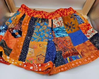 Patchwork Shorts Custom Made in  Your Color Choice & Size from Vintage Batiks and Cotton Prints, Elastic Waist, 2 Front Pockets