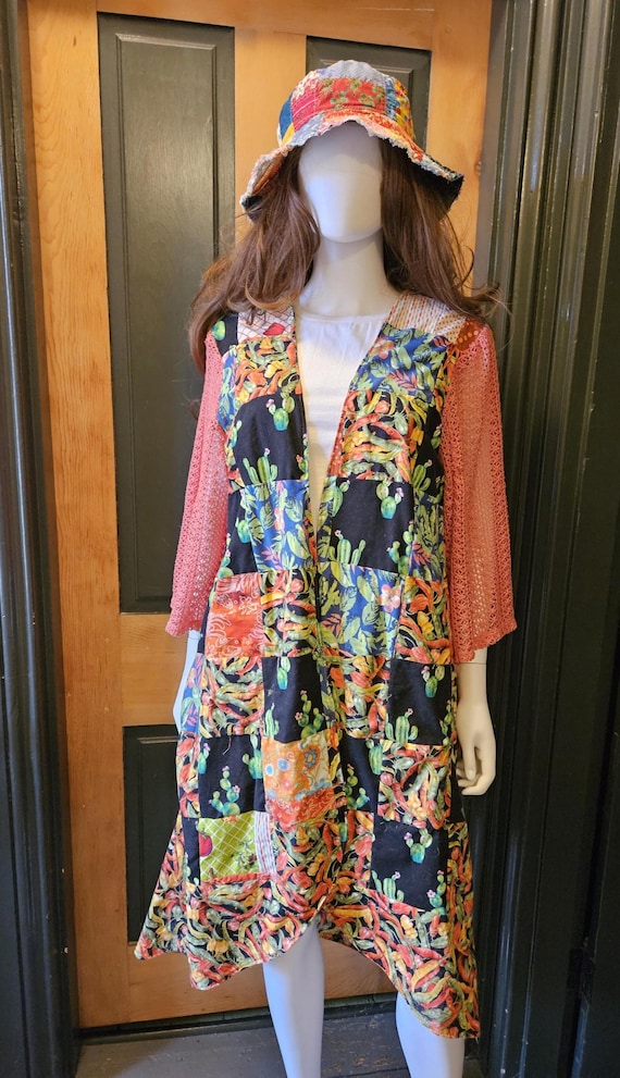 Upcycled Patchwork Kimono Duster, Vintage Fabrics, Mesh Knit Sleeves, Size M