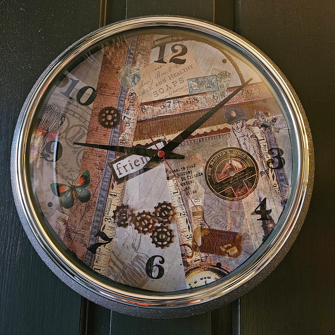 Handmade Decoupage Wall Clock, 14 Diameter, Features Vintage Ephemera, Measure Your Journey in