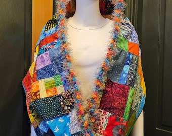 Patchwork Shawl Handmade from Vintage Fabrics, Hand Crocheted Trim, Buttons If You Wish, 62" L X 15" W, Bright Colors, Double Layer Cotton