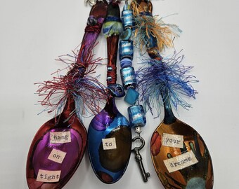 Upcycled Spoon Art 'Hang on Tight to your Dreams' Features Antique Key, Glass Beads, Hangs by Ring, Colorful, Unique Art Made to Be Handled