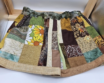 Patchwork Shorts Handmade from Vintage Fabrics, Has Embroidered Flower and 2 Side Pockets, Womens M, Waist 30-31", Earth Tones, Made in PA